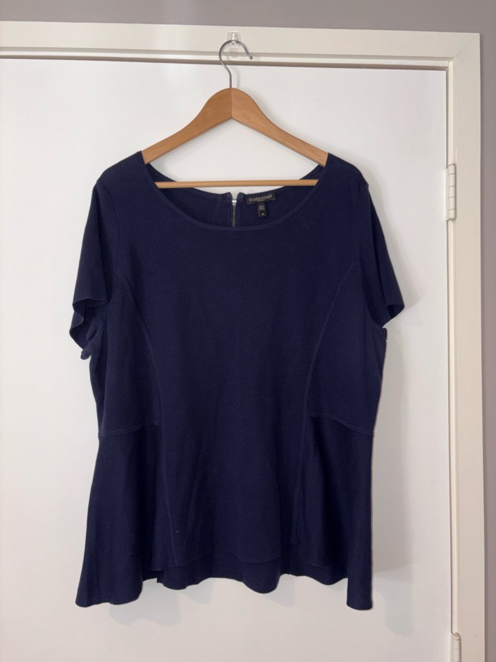 Eileen Fisher Navy Short-Sleeve Peplum Knit Top